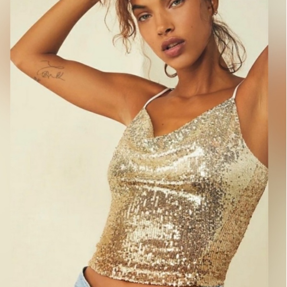Free People Gold Sequin Cowl Neck Camisole